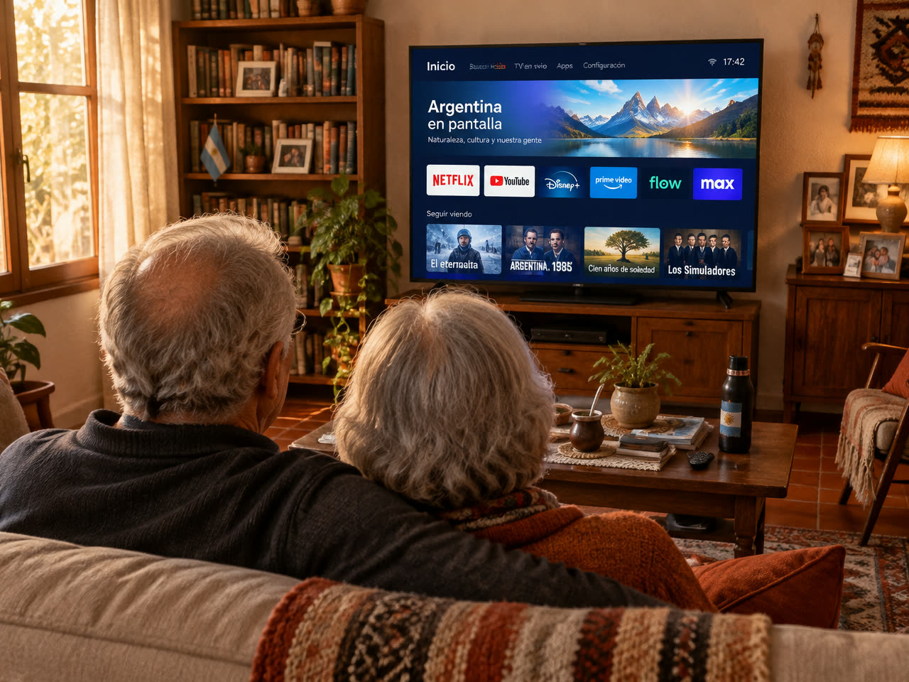 Una pareja de adultos mayores sentada de espaldas en el sillón, mirando la Smart TV